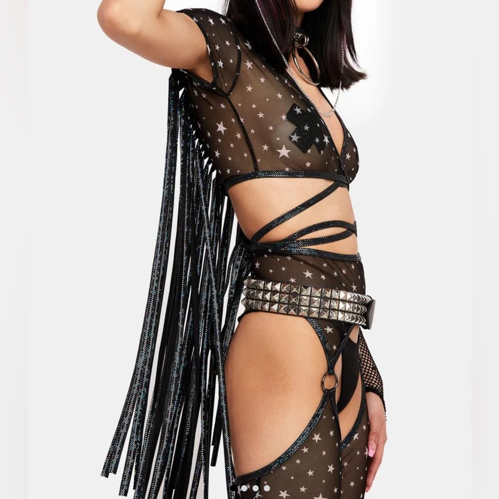 Black Star Mesh Fringe Top